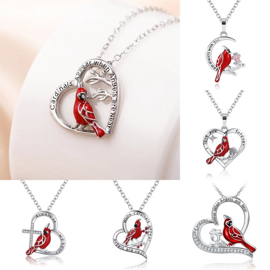 Heart shaped cardinal pendant necklace with silver water wave chain
