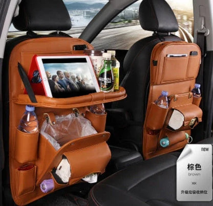 Stylish PU leather car storage organizer with multiple pockets, built-in trash can, and available in various colors to match your vehicle's interior