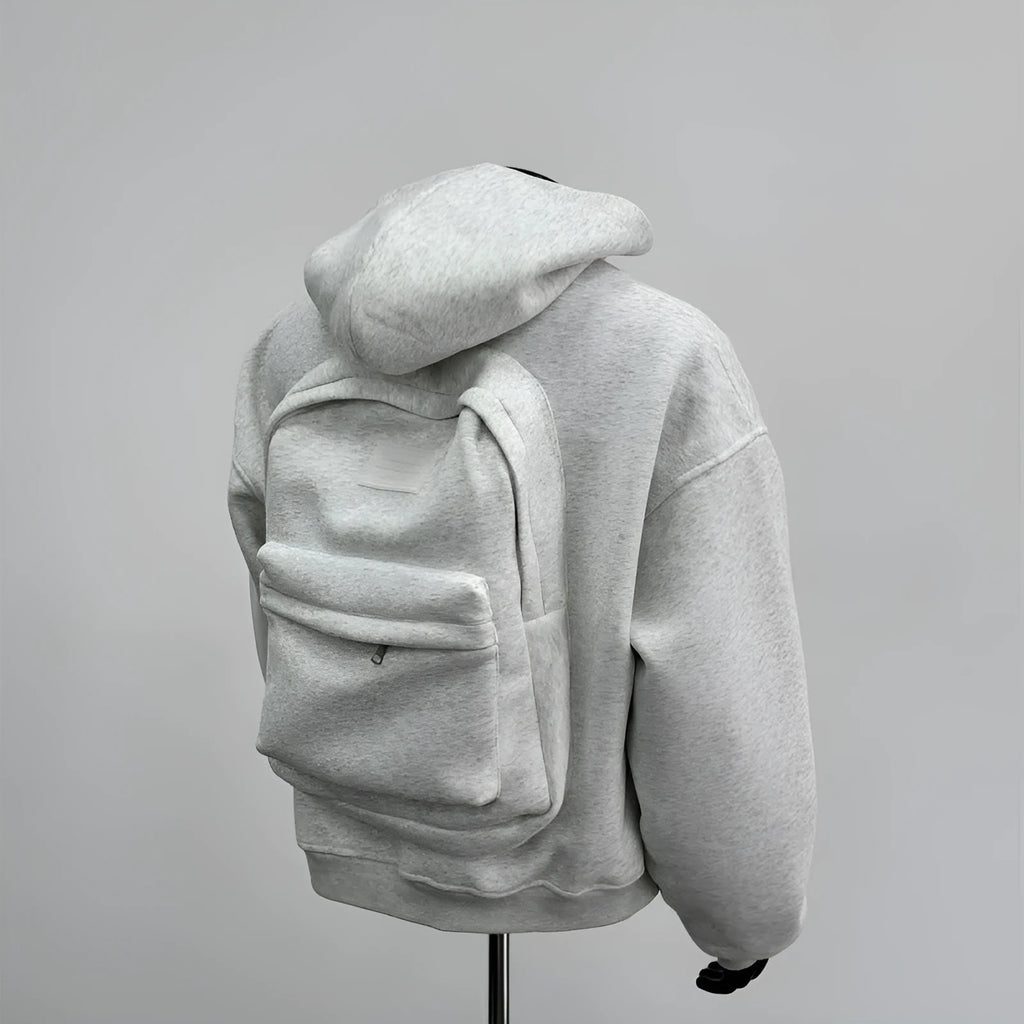 Men's grey hooded jacket with schoolbag-style back design showing front and back views
