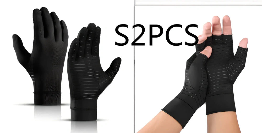 Black full-finger arthritis pressure gloves with silicone grip, sizes S M L for hand pain relief and circulation
