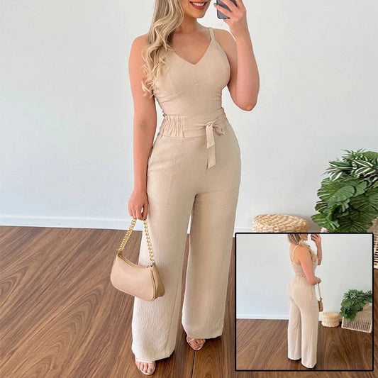 Women's elastic pleated two-piece suit with spaghetti straps and wide-leg pants in various colours