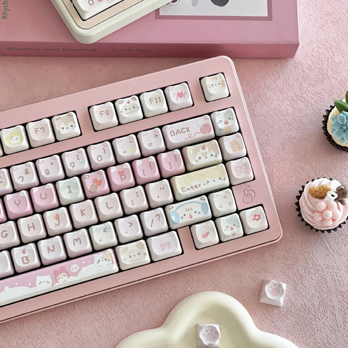 Meow Meow Team character mechanical keyboard key cap set with 141 pieces showing five-sided sublimation printing