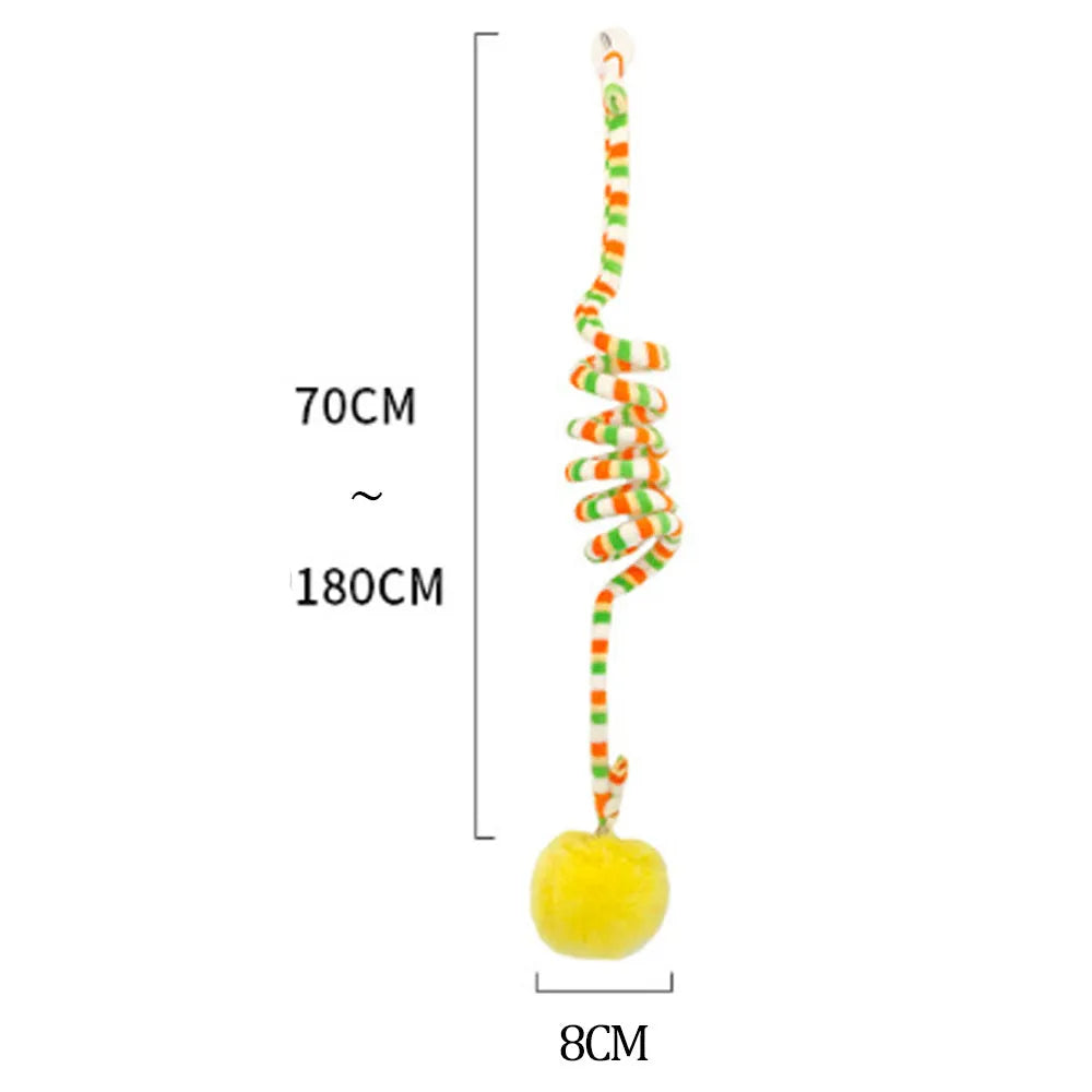 Colourful cat toy with inflatable ball and bell stick hanging from suction cup on door