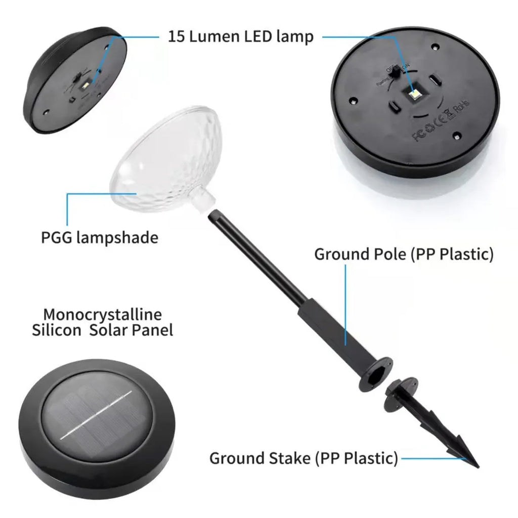 Outdoor solar lawn projection water droplet lights with RGB colour gradient and warm light modes, inserted in grass