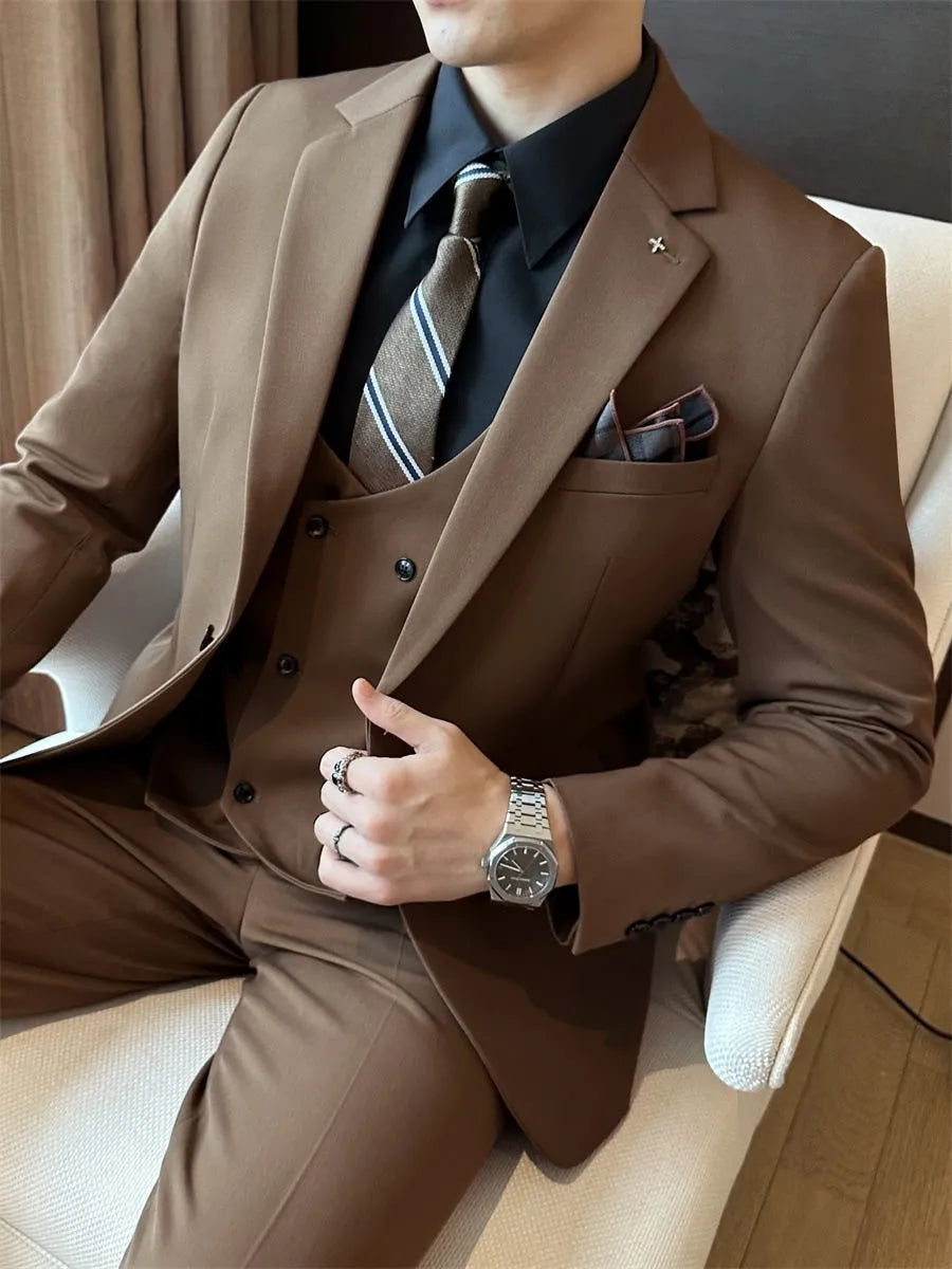 Men's slim fit business suit jacket in dark green, shown on a hanger.