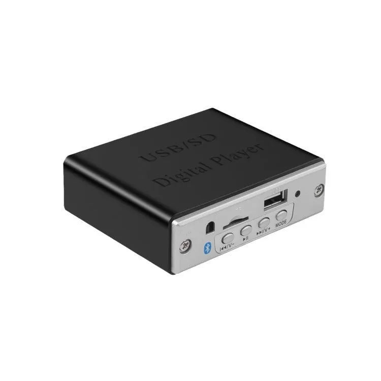 White 12V car Bluetooth MP3 decoder with USB and TF card slots, FM radio, and infrared remote control