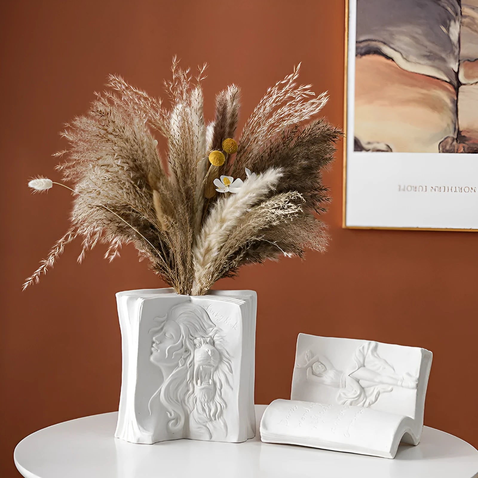 Ceramic book stand in a modern simplicity style, showing one of four available decorative glazed designs.