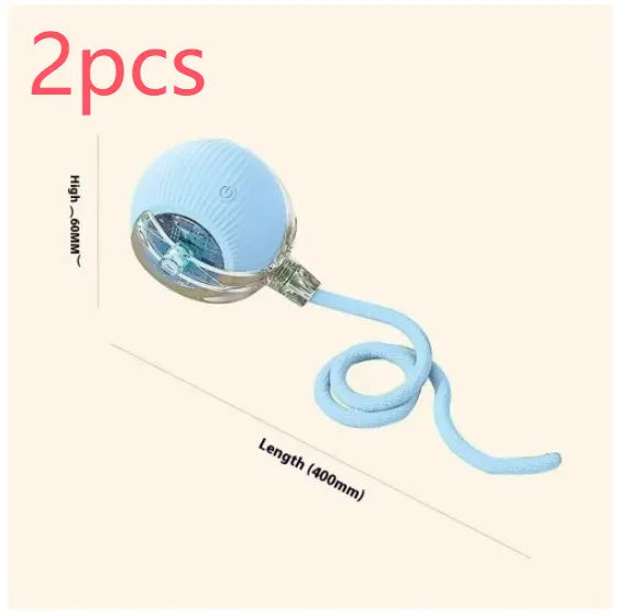 Electric cat toy automatic rolling ball with bird sound in blue with rope attachment for self-entertainment play