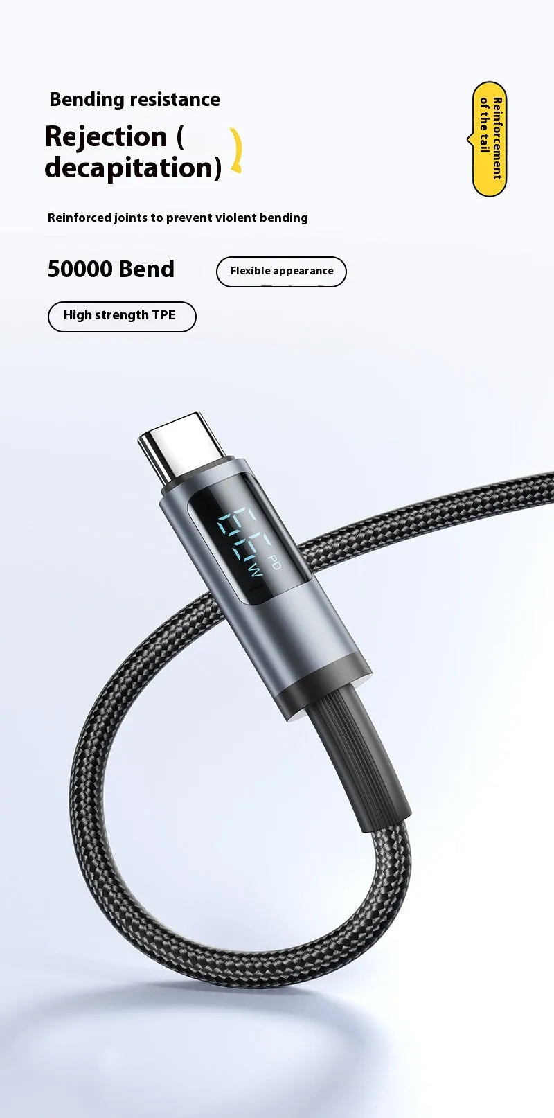 Phone fast charge data cable woven black digital display 1.2m Lightning Type-C 66W