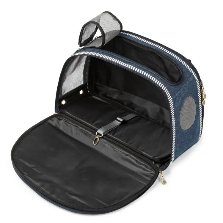 Blue Japanese-style denim pet travel bag with cartoon pattern and dimensions 43x20x30cm