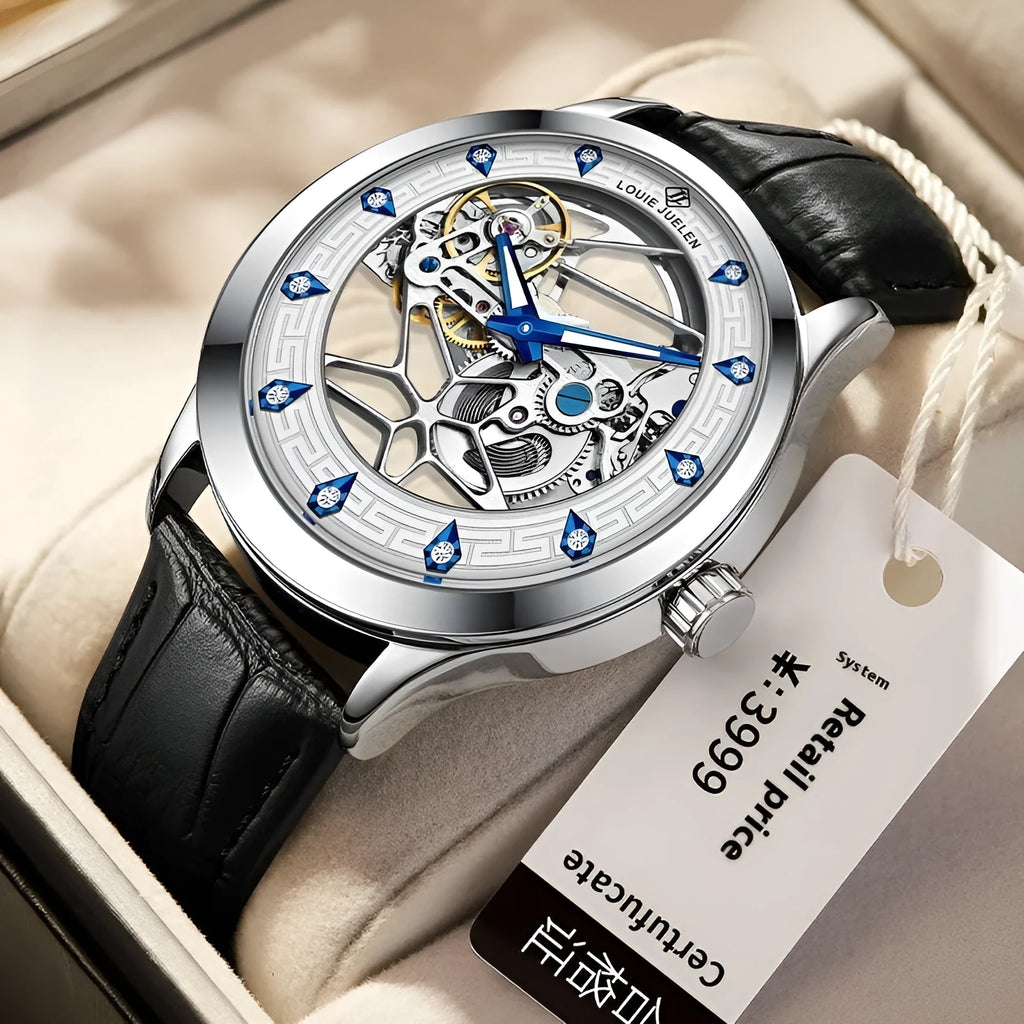 Men's silver mechanical watch with white dial, blue luminous hands, and a black leather strap