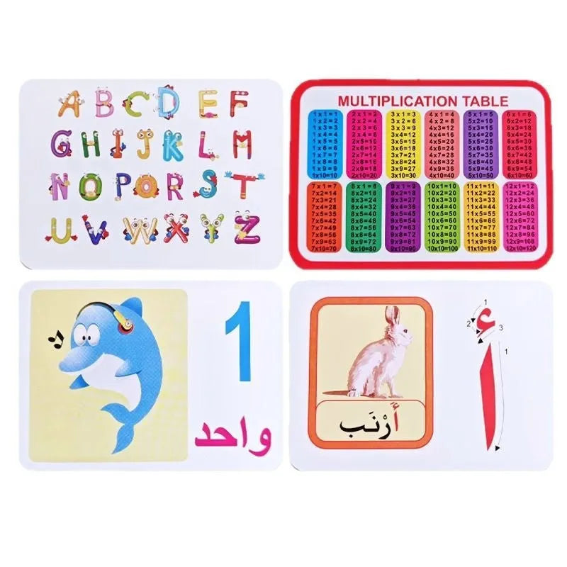 28 paper children's recognition literacy cards covering English and number learning laid out on a flat surface