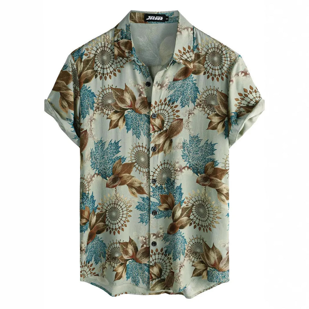 Hawaiian floral print short sleeve shirt with lapel collar in elastic polyester fabric.
