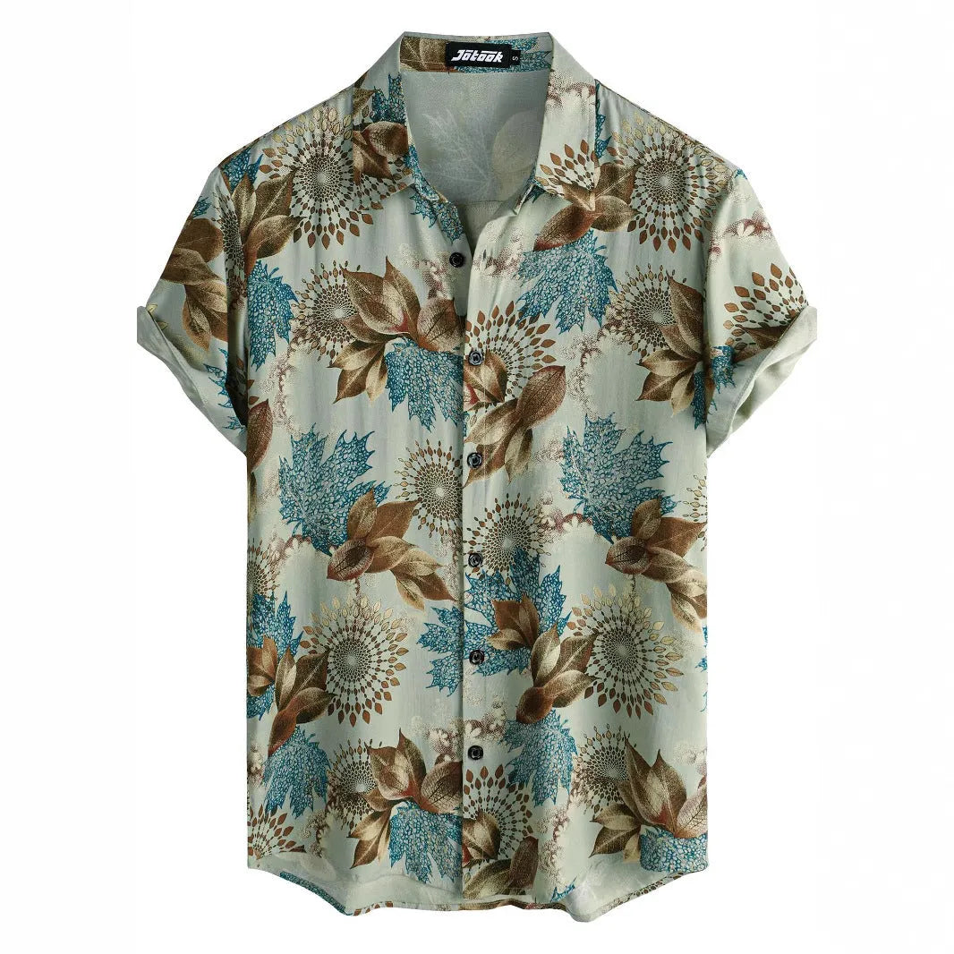 Hawaiian floral print short sleeve shirt with lapel collar in elastic polyester fabric.