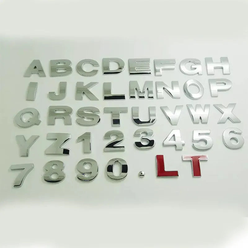 Metal zinc alloy 3D car letter stickers showing black and silver alphabet characters