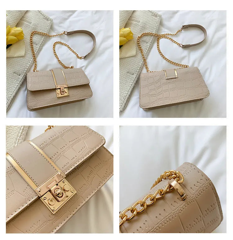Horizontal square PU shoulder bag in khaki with contrast stitching and chain strap on a white background