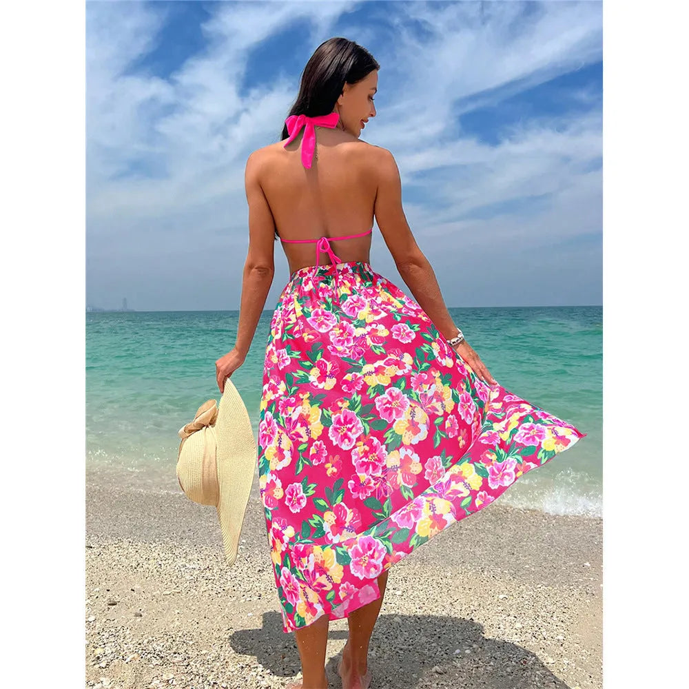 Sexy high slit three-piece printed swimsuit set for women in floral pattern, Lake Green colour