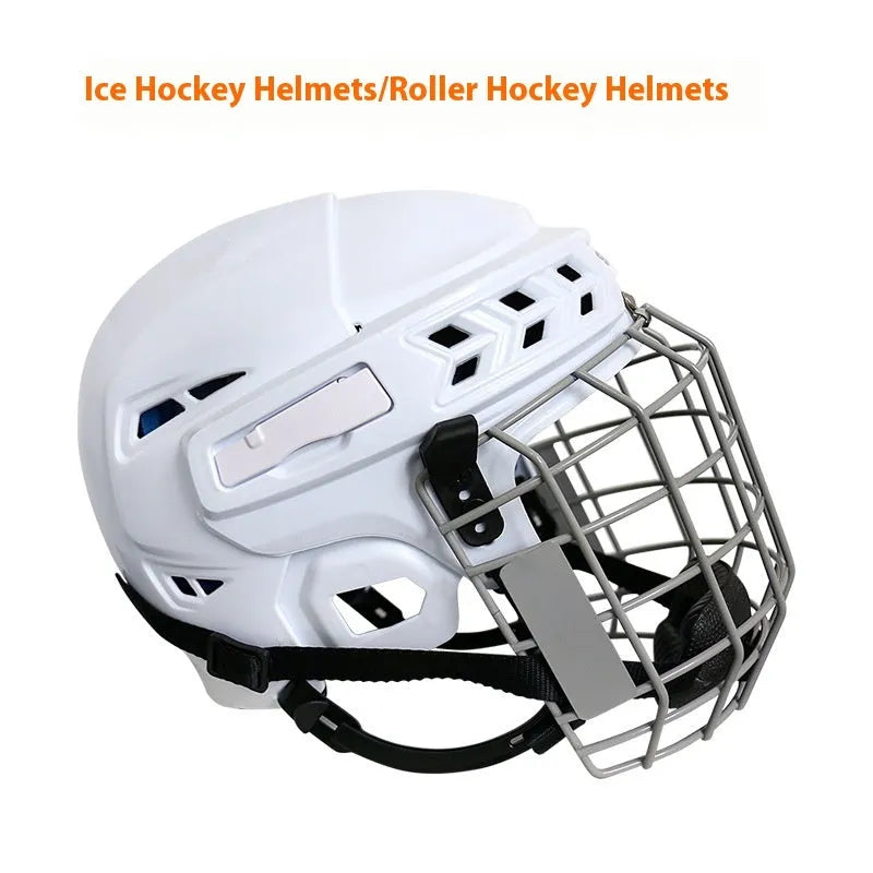 Ice hockey and ball hockey helmet with a carbon steel face mask, shown in a neutral colour.