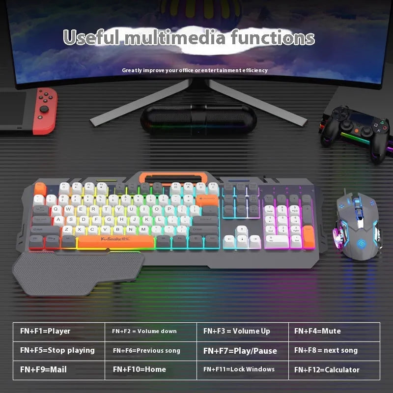 Blue wired gaming keyboard and mouse set with backlight on a desk