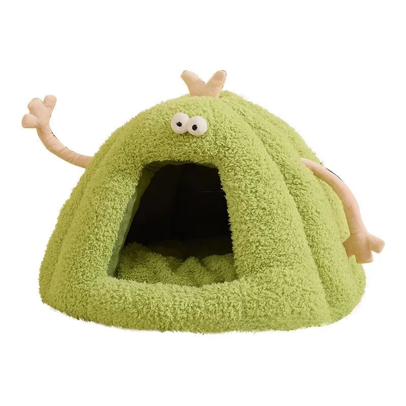 Monster-shaped semi-enclosed cat kennel bed in green, purple or yellow with soft velvet lining.