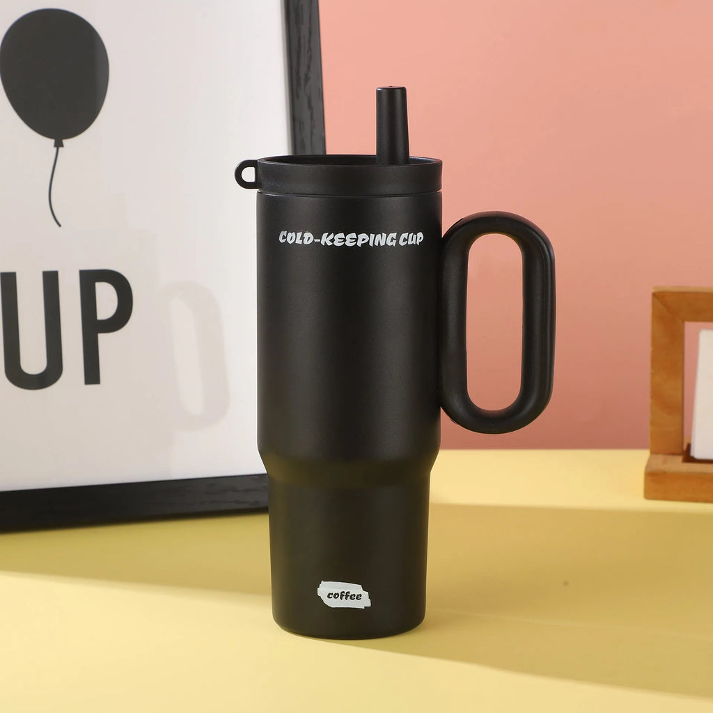 Portable straw cup with carry handle in multiple colour options showing heat preservation and cold storage properties