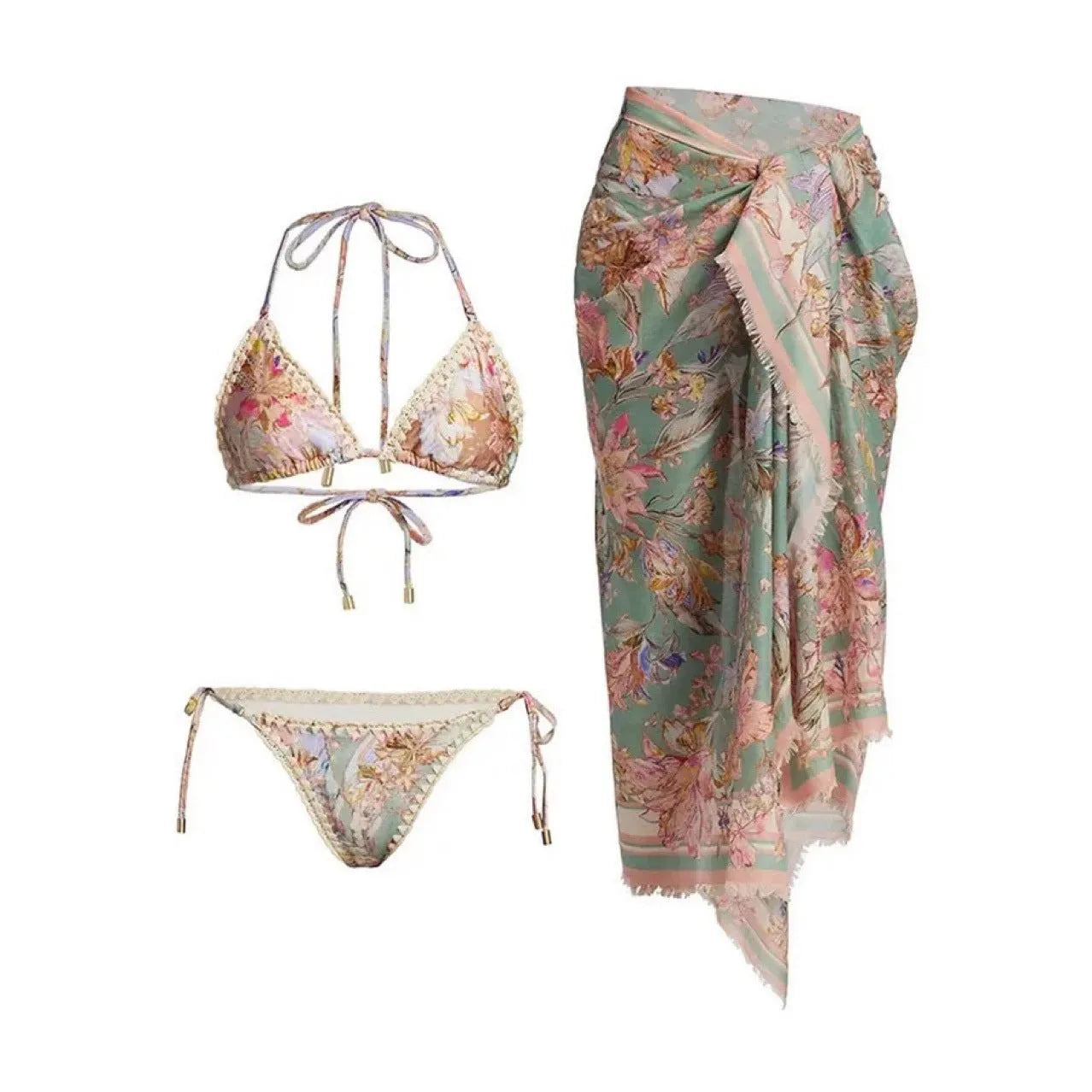 Women's creamy-white floral bikini suit with skirt for beach swimming