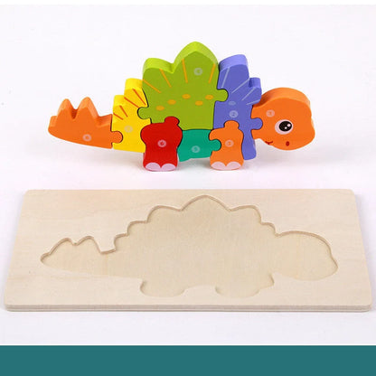 Sustainable wooden dinosaur 3D puzzle set for children, including six different models.
