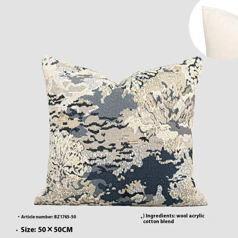 Antique blue decorative pillow with floral plant pattern, shown in square and waist pillow sizes.