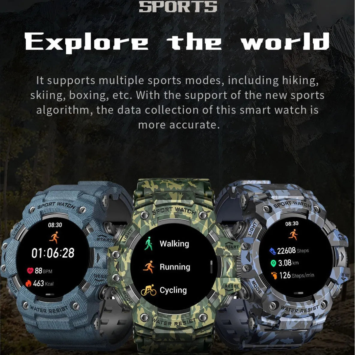 Outdoor sport smart watch with Bluetooth calling, IPS touch screen in Camouflage Blue, 57 x 59 x 20.5 mm