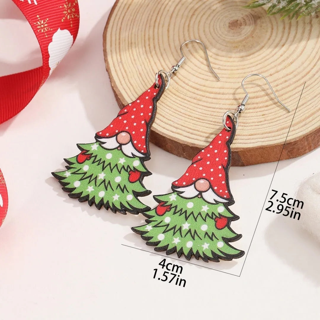 Wooden Christmas earrings with printed geometric tree and snowman designs