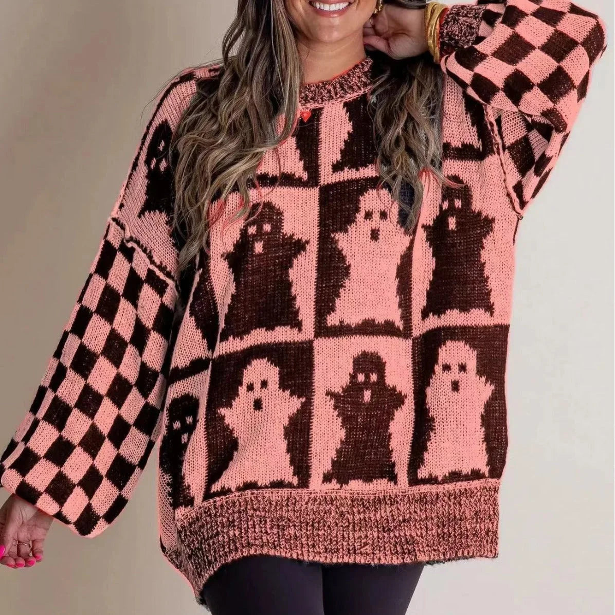 Halloween-themed pumpkin ghost knitted sweater for women in various colours