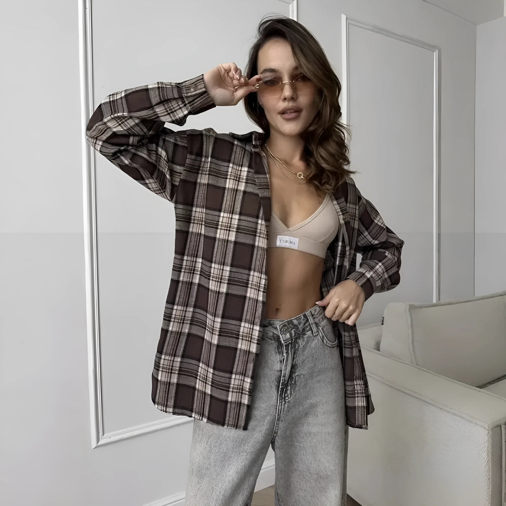 Women's dark brown striped cotton shirt with long sleeves and collaged stitching details