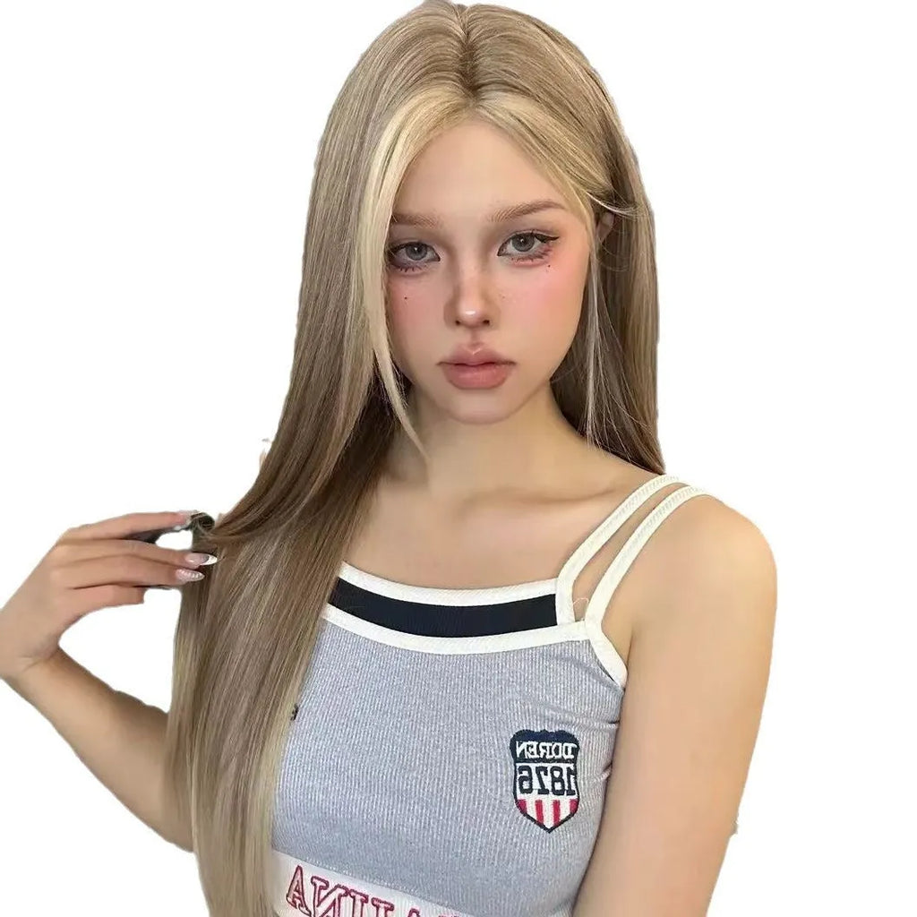 Golden brown gradient forehead lace front wig on a model