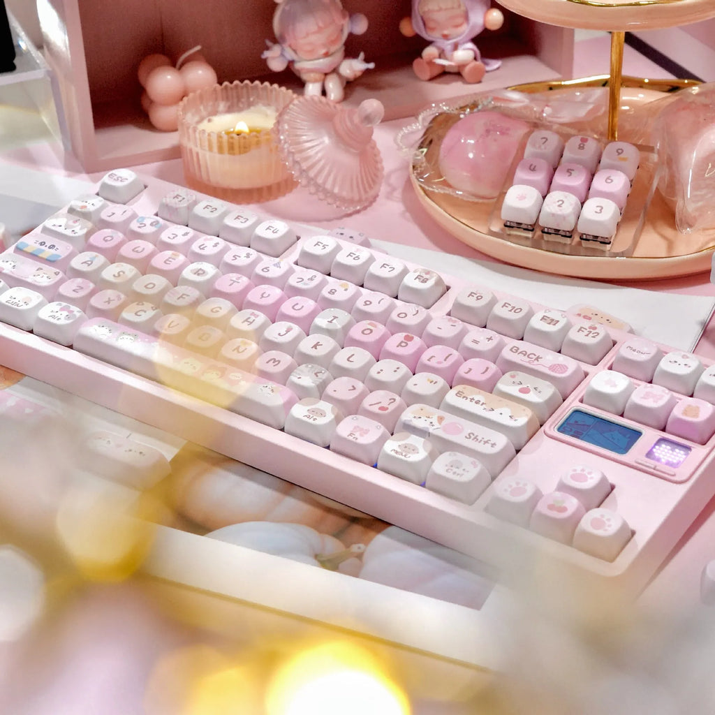 Pink cartoon design MOA profile mechanical keyboard keycaps showing print on top and sides