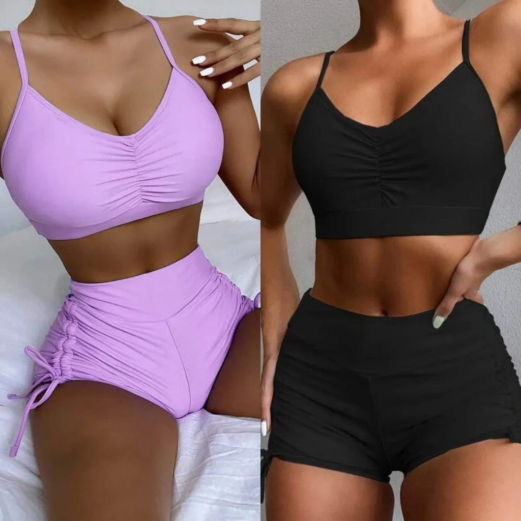 Women's high-waisted split bikini swimsuit in black or violet colour.