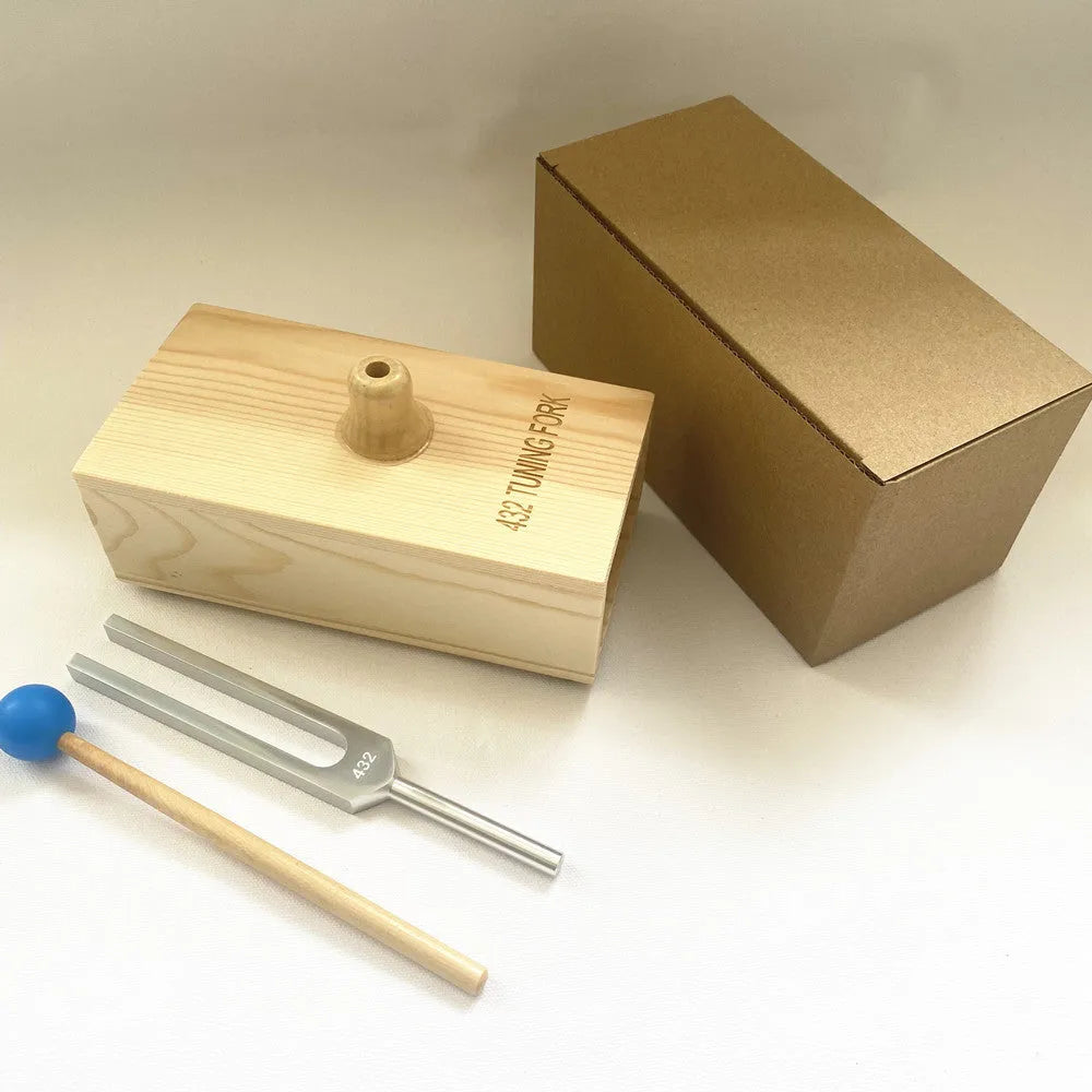 432Hz aluminium alloy tuning fork with speaker for sound therapy on kraft paper box