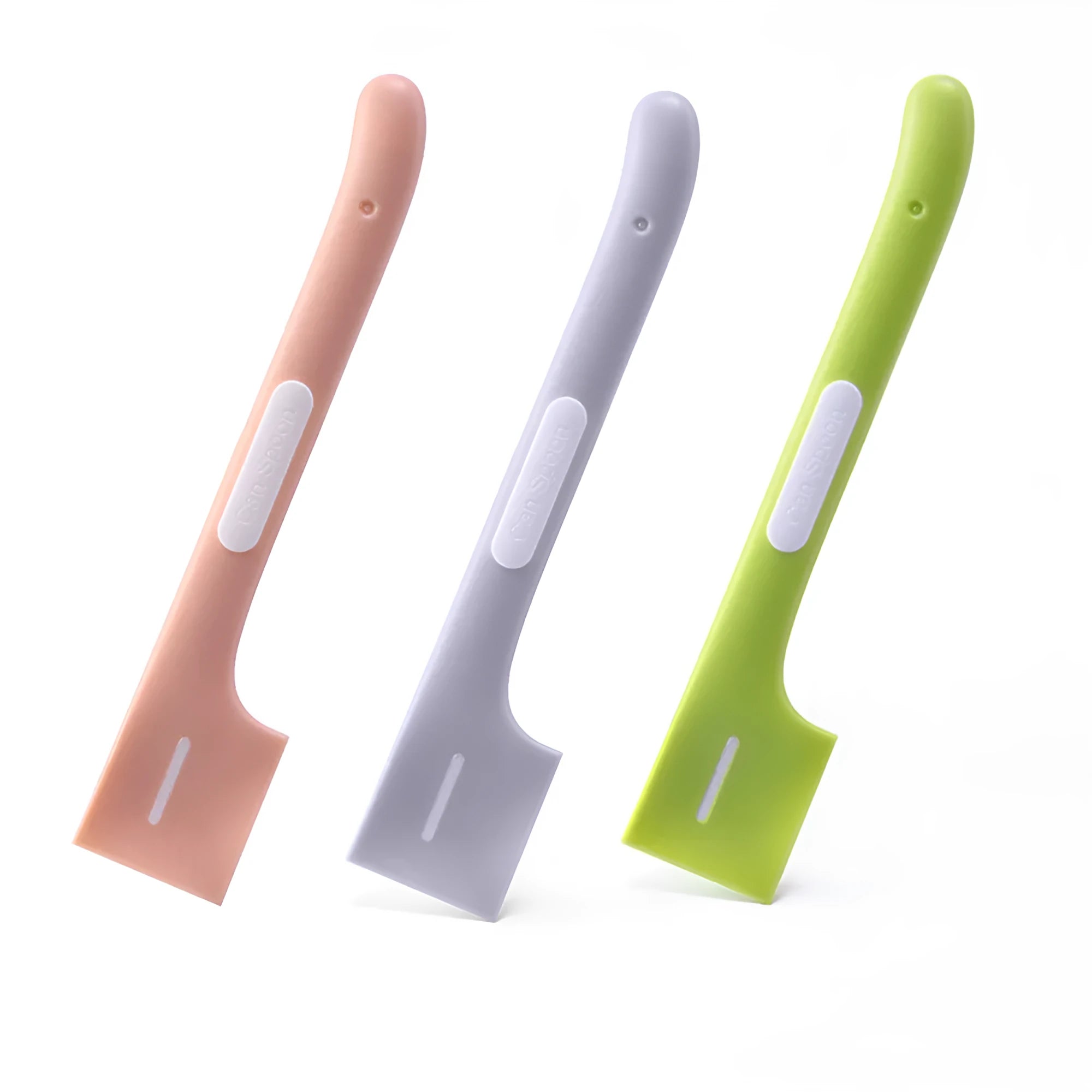 Green TPR pet feeding spoon with a long 16cm handle and right-angle scoop for canned wet food.