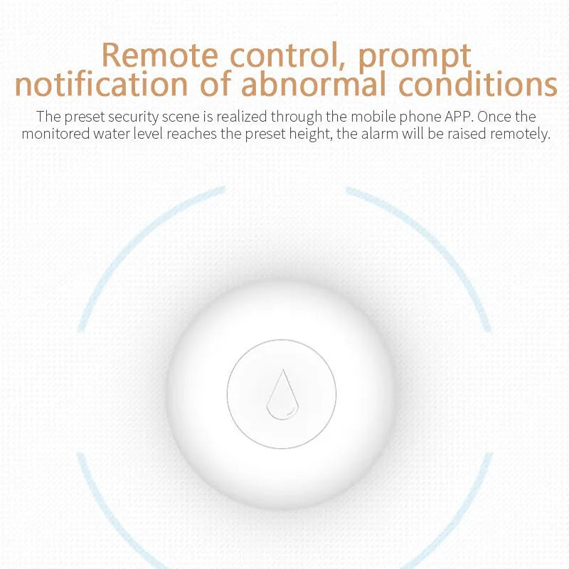 Compact white Zigbee wireless water flood sensor on a surface
