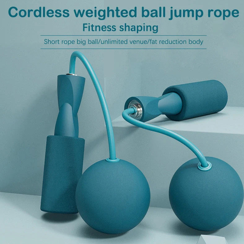 Weighted cordless jump rope with blue handles and PVC-coated steel rope for indoor fitness training