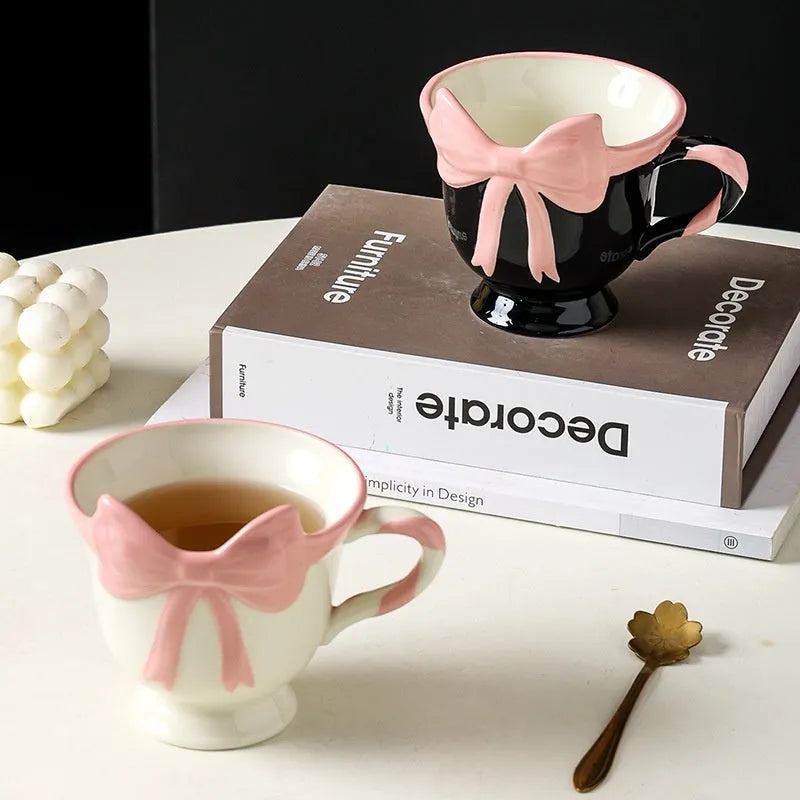 Original design girl heart bow ceramic mug in white powder or black pink colour, 301-400ml capacity