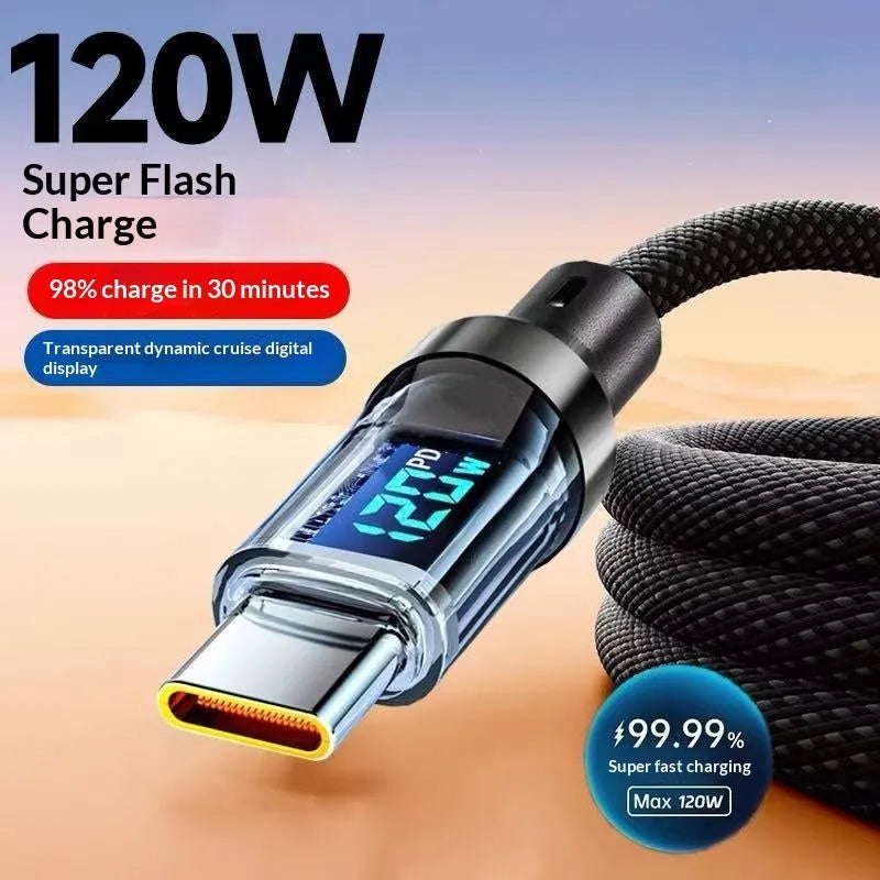 Smart digital display Type-C cable 240W braided nylon black for fast charging