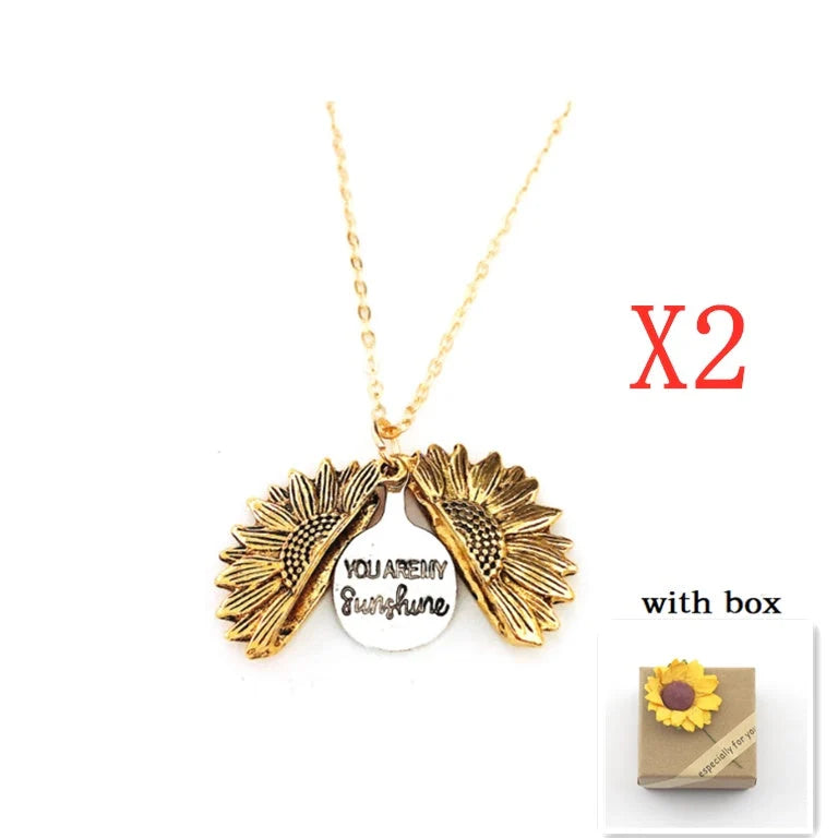 Sunflower Double Lettering Necklace in ancient gold, silver, and rose gold with adjustable chain