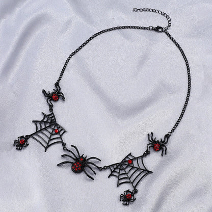 A close-up of a necklace featuring an intricate spider web design, made of high-quality alloy with a polished finish.