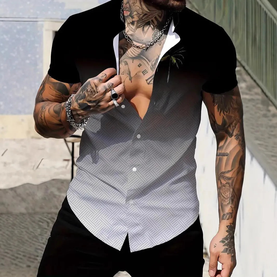Men's slim fit geometric print short sleeve shirt with lapel collar in lightweight polyester fabric.
