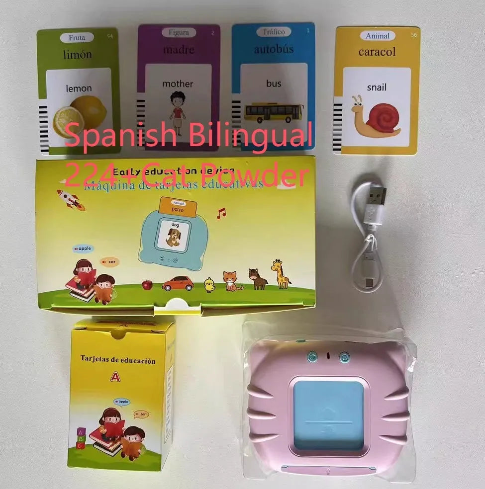 Blue children's English learning card machine with audiobook cards showing 18cm length