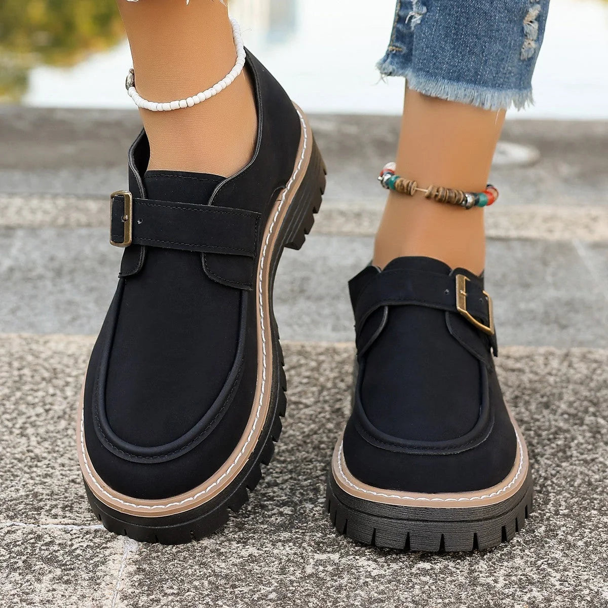 British-style buckle loafers for women with thick sole for height increase