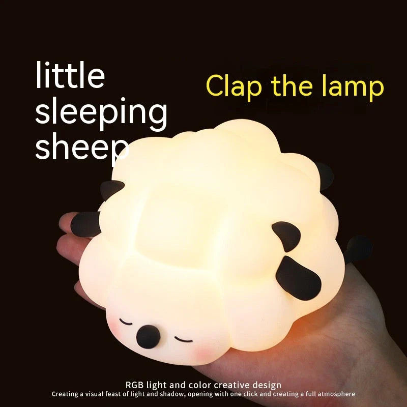 Cozy silicone sheep night light with adjustable brightness, auto-off timer, and USB charging for children's bedroom decor