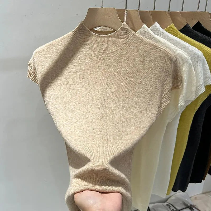 Women's half-high collar flutter sleeve knitwear summer pullover in light apricot with geometric pattern