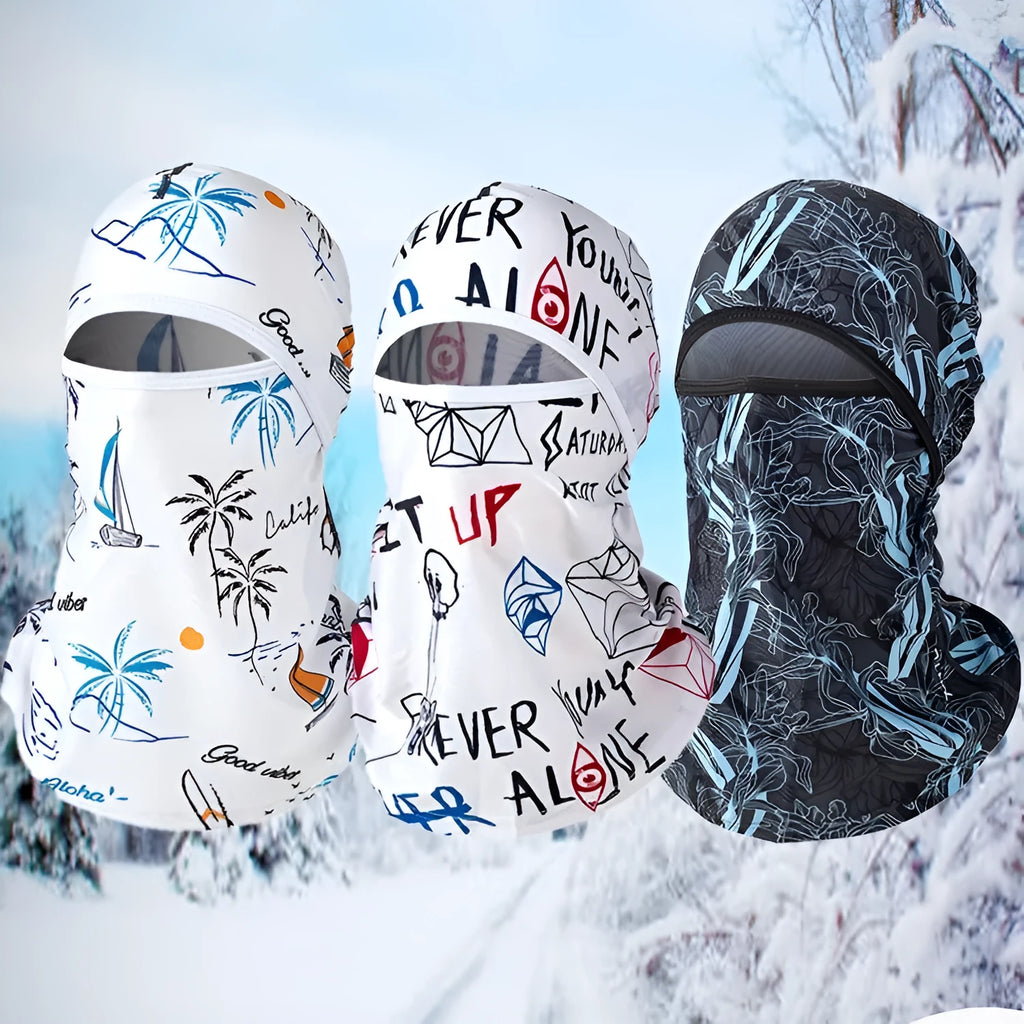 Unisex cotton motorcycle balaclava and gloves set in patterned grey, laid flat.
