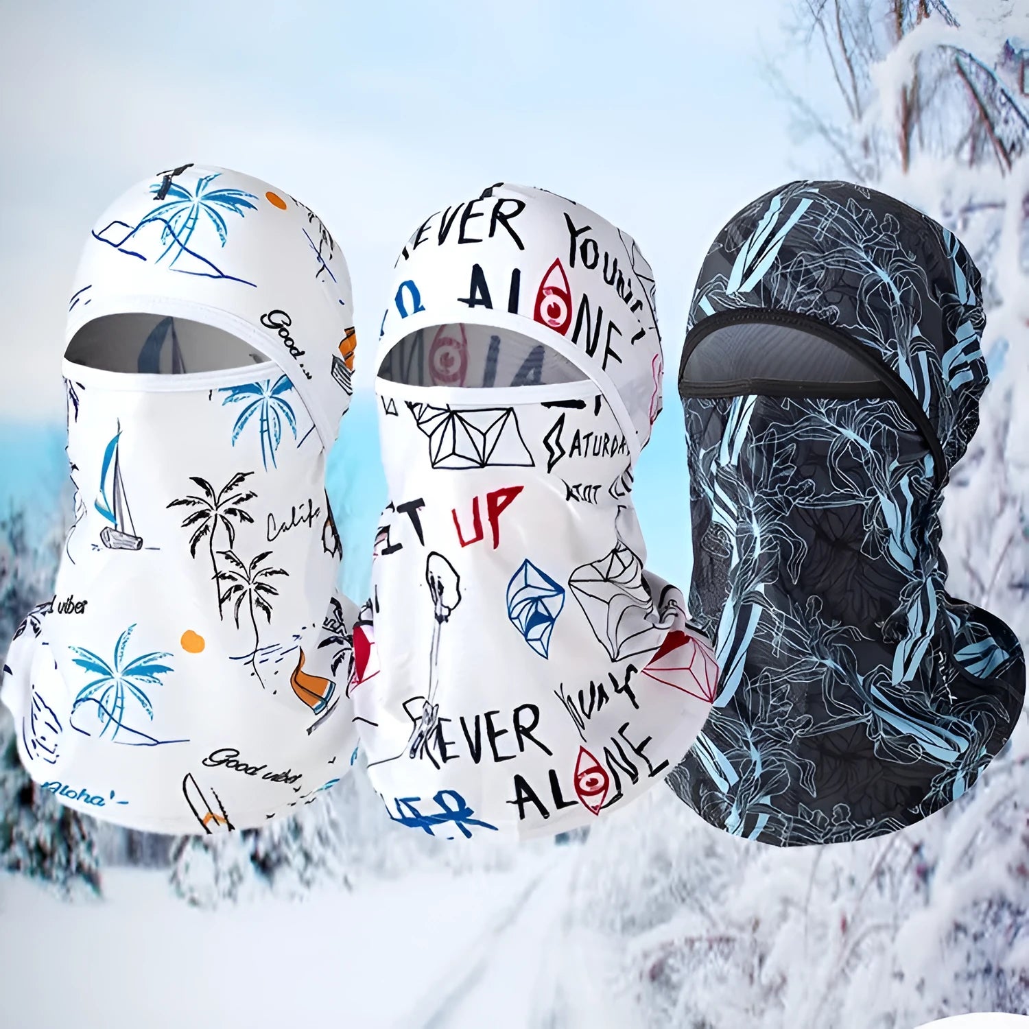 Unisex cotton motorcycle balaclava and gloves set in patterned grey, laid flat.